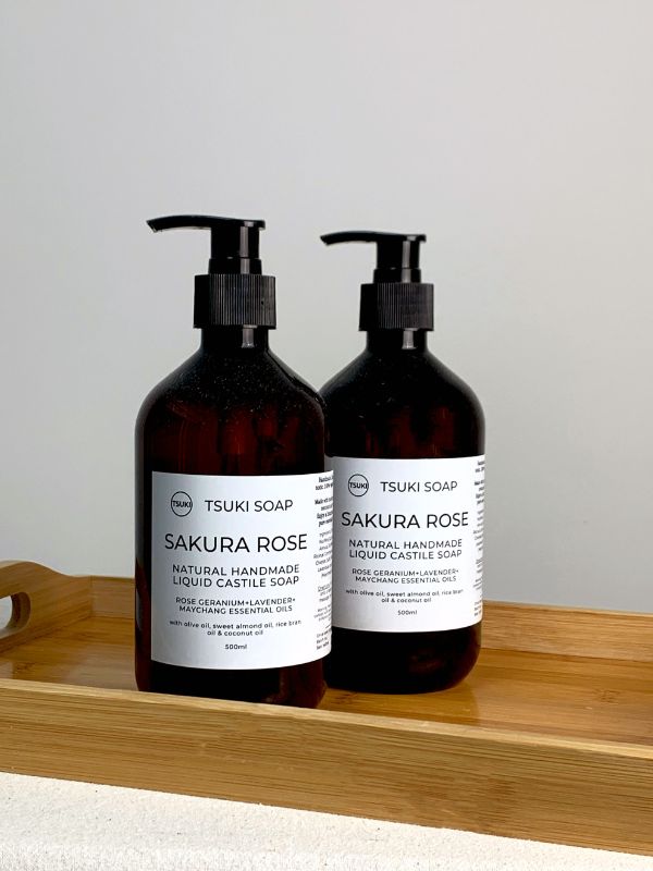 Sakura Rose liquid castile soap duo tray